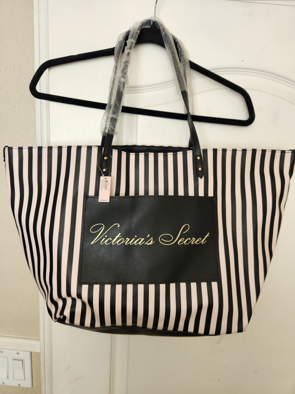Victoria's Secret Black and Light Pink Striped Tote with Gold Logo